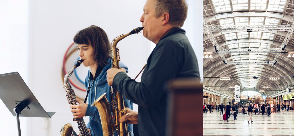 Teacher and student practicing musical instruments contrasted by a picture o the busy Central Station