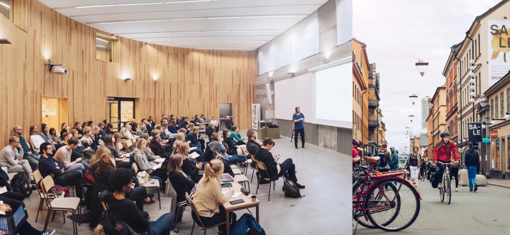 Light classroom contrasted by a picture of a busy city street with cyclists and pedestrians