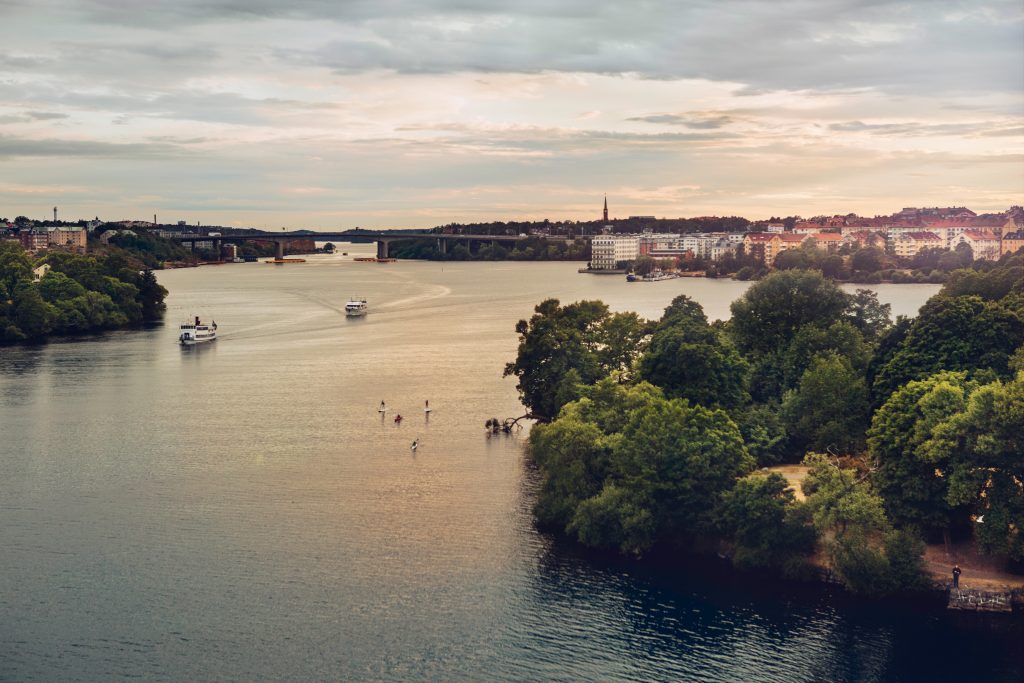A tranquil view over Stockholm by the water in sunset